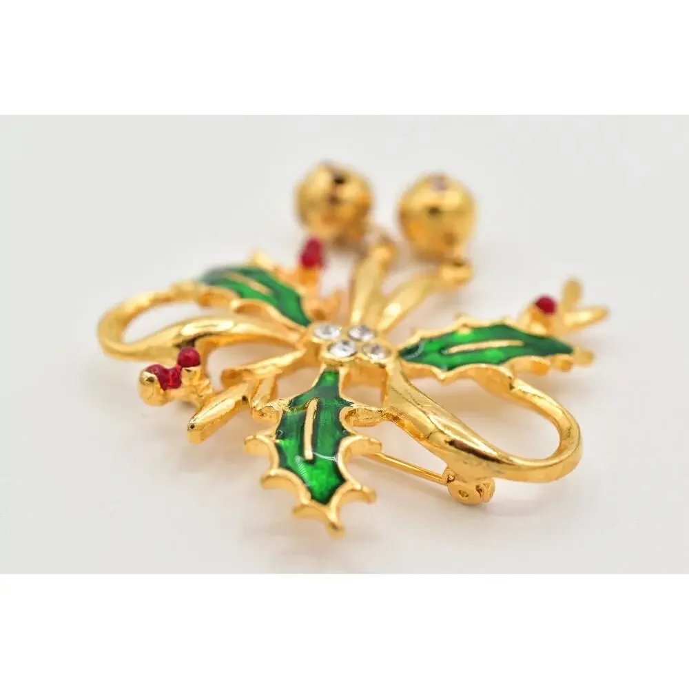 Vintage Christmas Pin Brooch Bell Holly Berry Green Red Enamel Gold 1980s BinAL